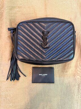 Yves Saint Laurent Black Chevron Leather Lou Tassel Camera Crossbody Bag